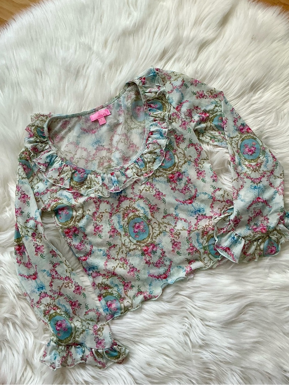 Sugar Thrillz Whimsical Floral Ruffle-Trim Sheer Mesh Crop Top Size XS
